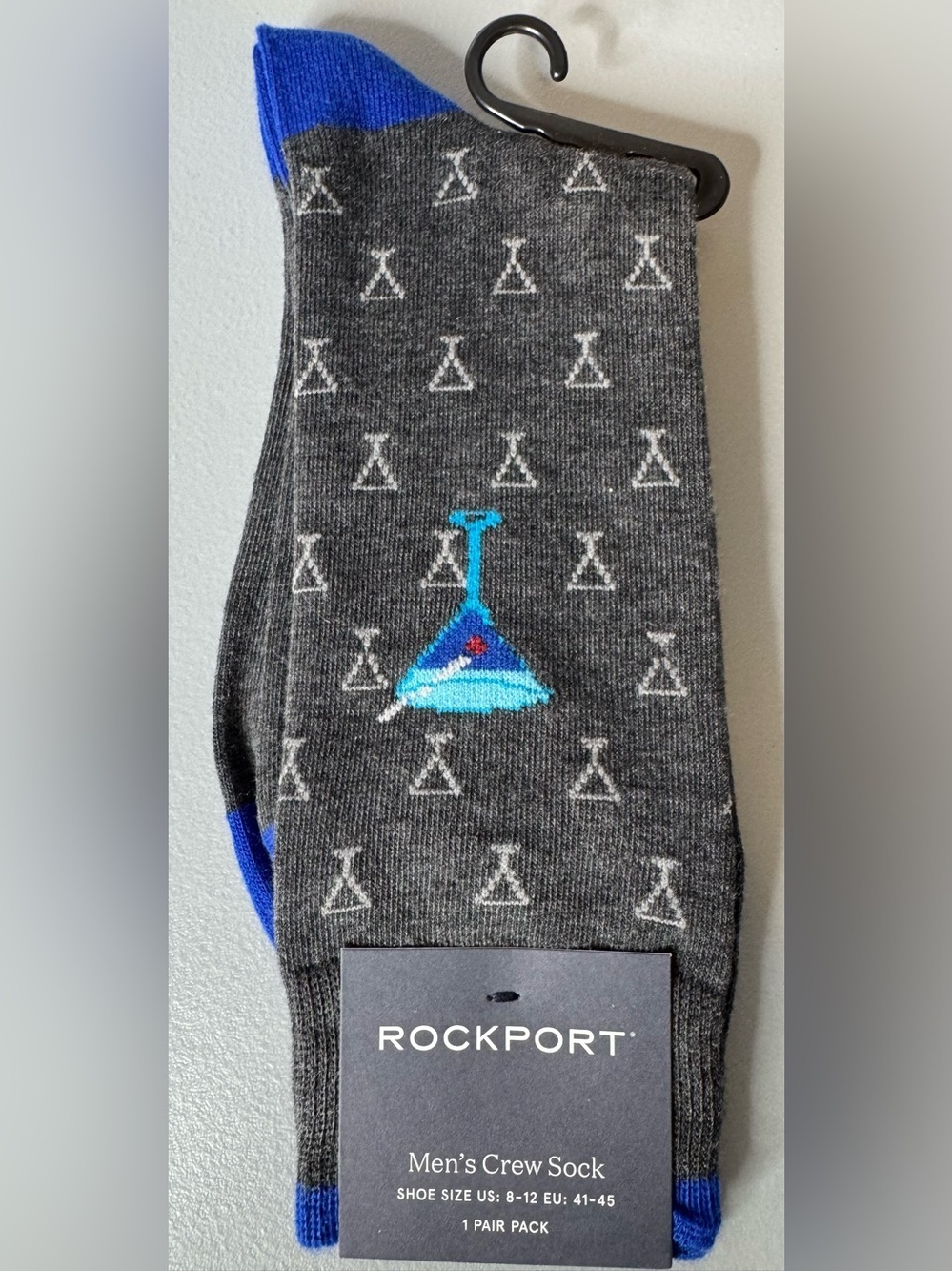 Rockport Men's Gray Crew Socks with Blue and Bright Blue Accents martini glass
